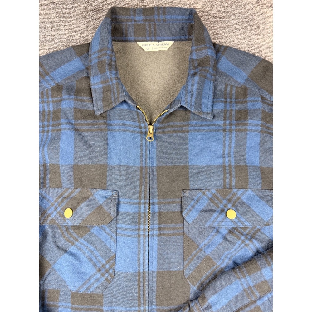 Field & Stream Mens Blue Black Plaid Fleece Lined Flannel Zip Shirt Shacket LG - Picture 2 of 9
